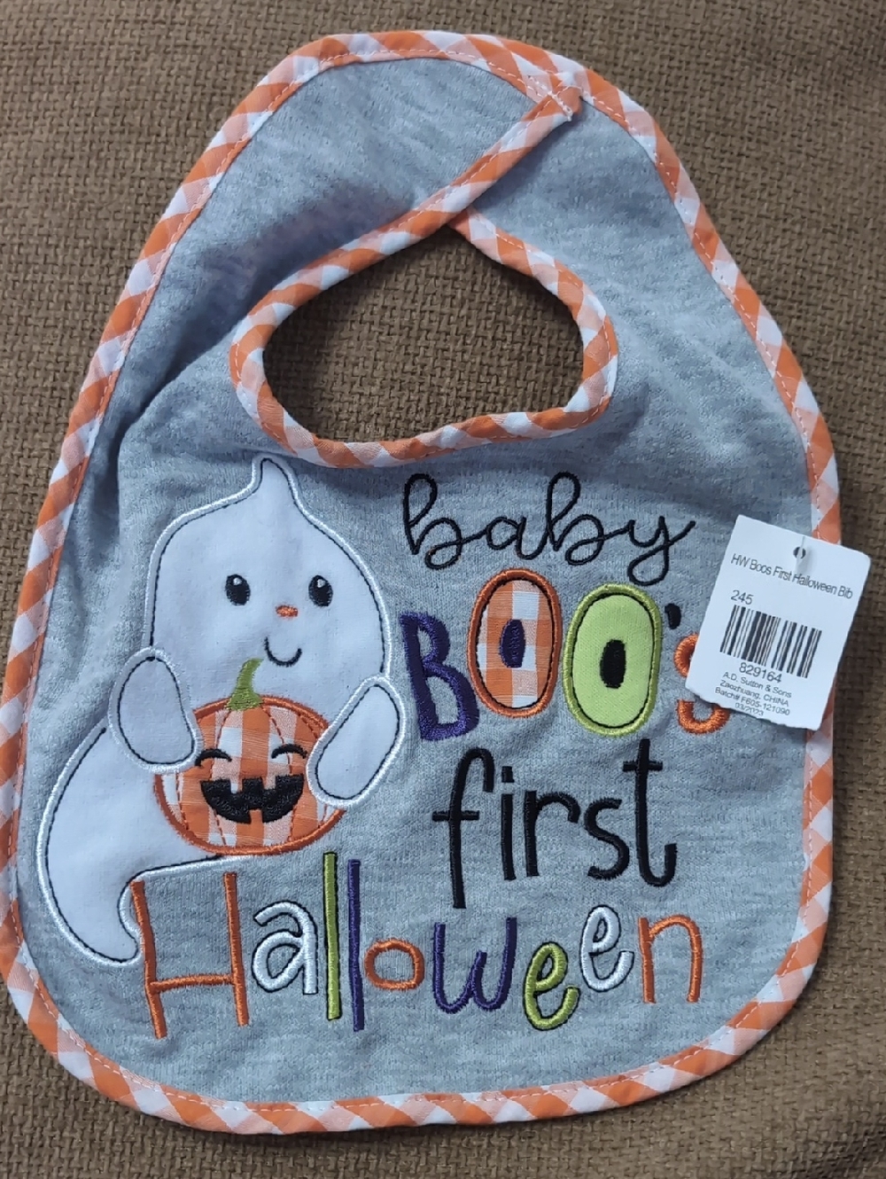 Baby Essentials Gray Halloween Bib with Orange Trim and Multicolor Embroidery